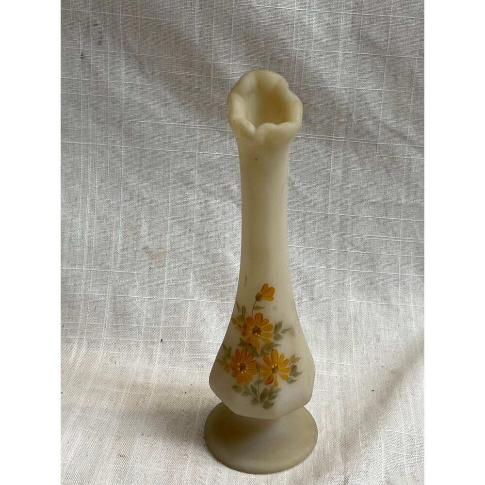Fenton Satin Custard Daisies Cameo Bud Vase Artist Signed Vintage